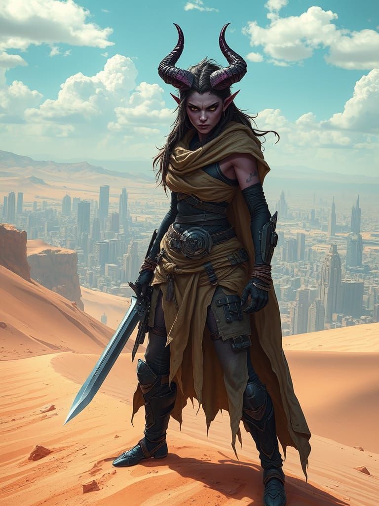 Tiefling Rogue in Cyberpunk City, Hyperrealistic Style
