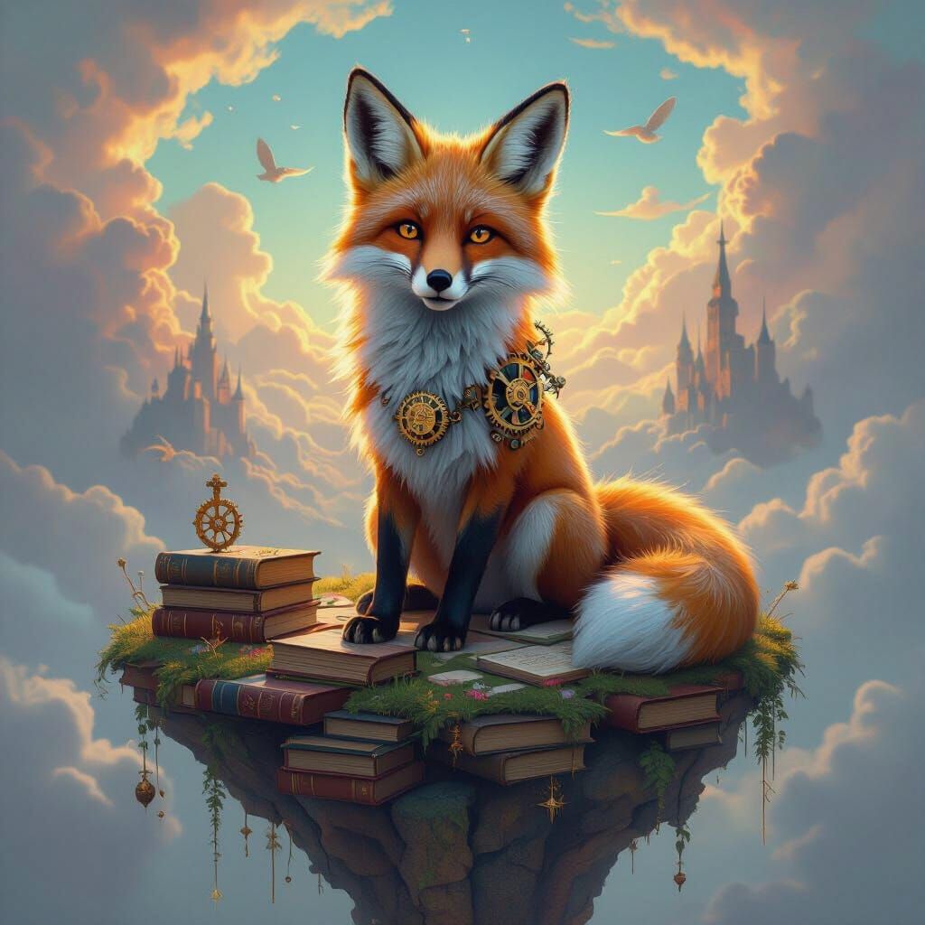 Surreal Fox with Gears on Floating Book Island