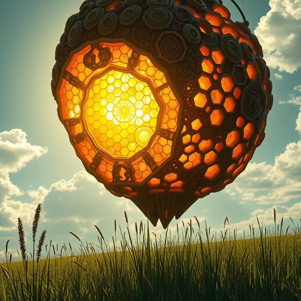 Glowing Beehive Over Sunlit Meadow: Surreal Art