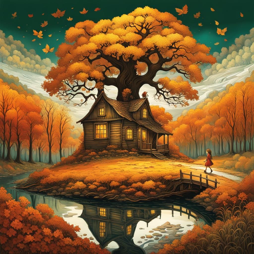 Autumn Landscape Illustration with Cottage and River