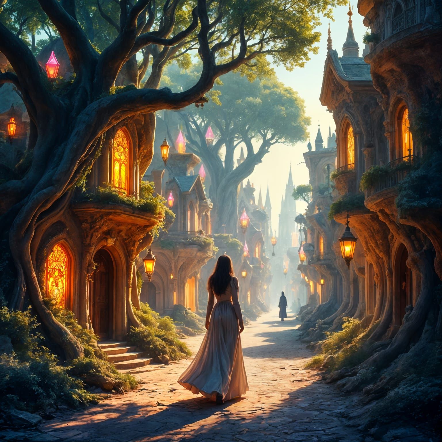 Dreamlike Town with Glowing Crystals