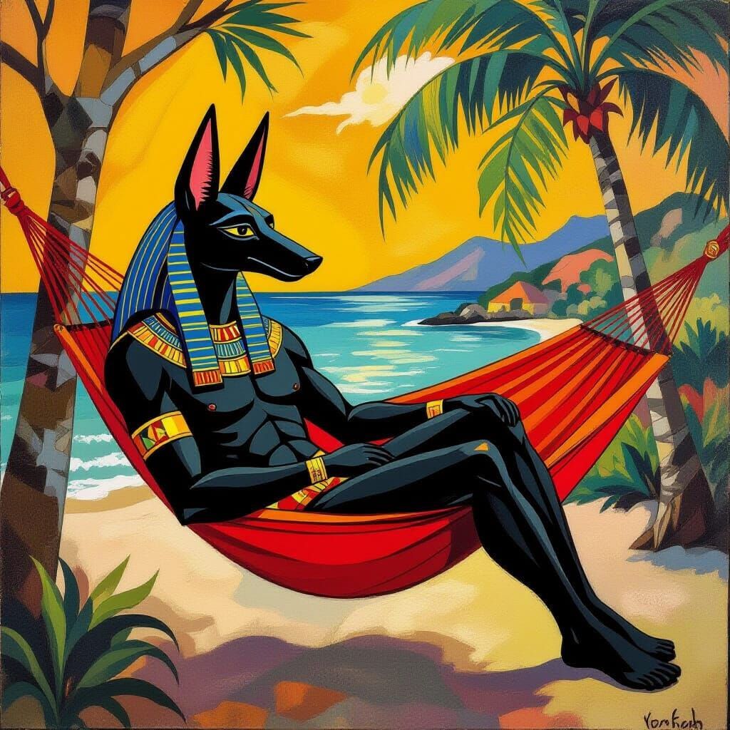 Anubis in Hammock, Gauguin Style