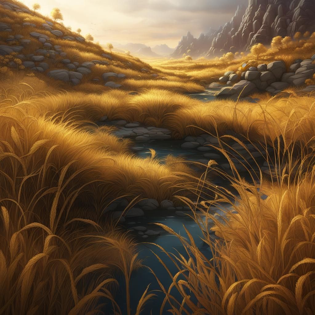 Golden Grass Fantasy Landscape in Detailed Matte Painting