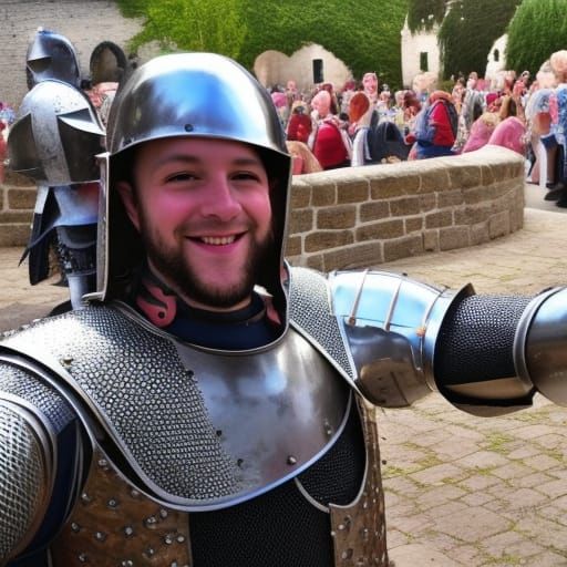 Smiling Medieval Knight Selfie with Peace Sign