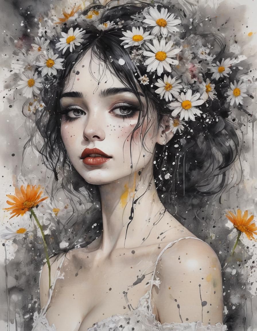 Goth Bride with Daisies: Watercolour Storybook Illustration