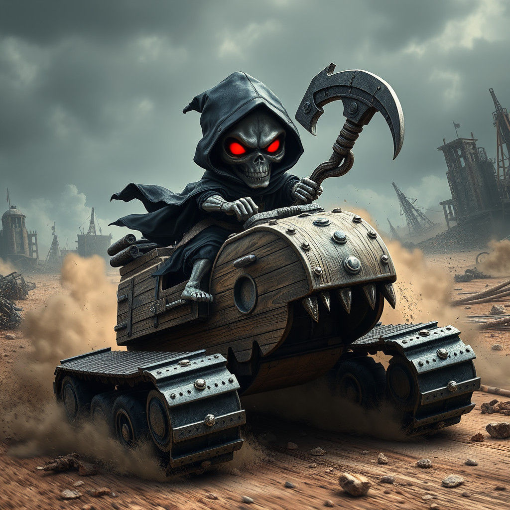 Chibi Grim Reaper Rides Rocking Horse Tank in Wasteland