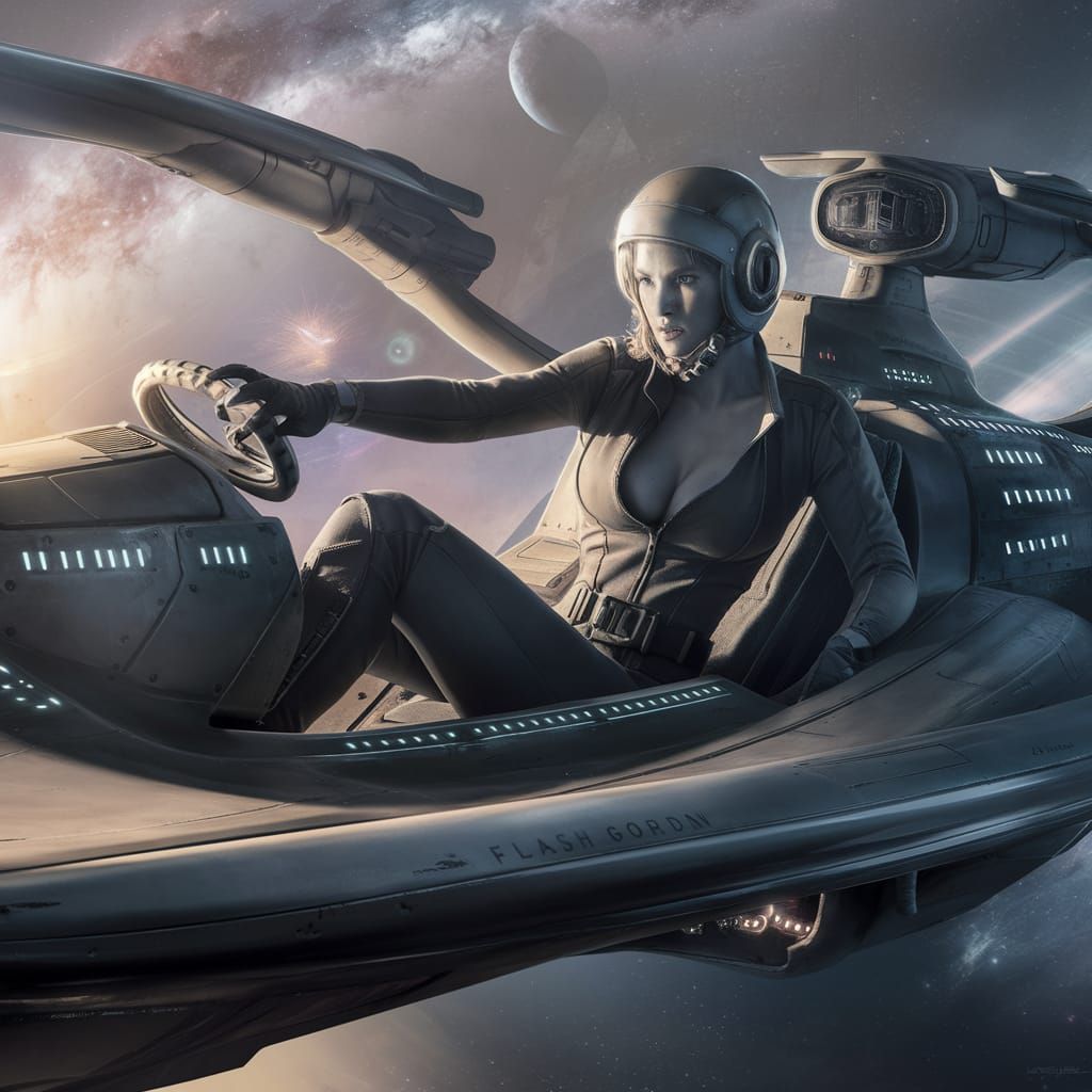 Futuristic Female Pilot Navigating Galactic Spacecraft