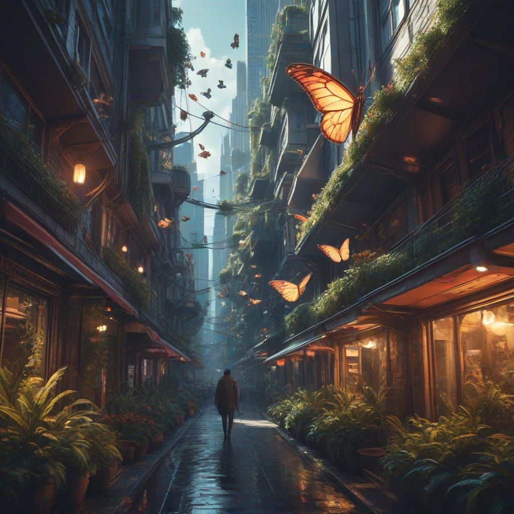 Blossoming Metropolis: Butterfly-Winged Mother Flits Between...