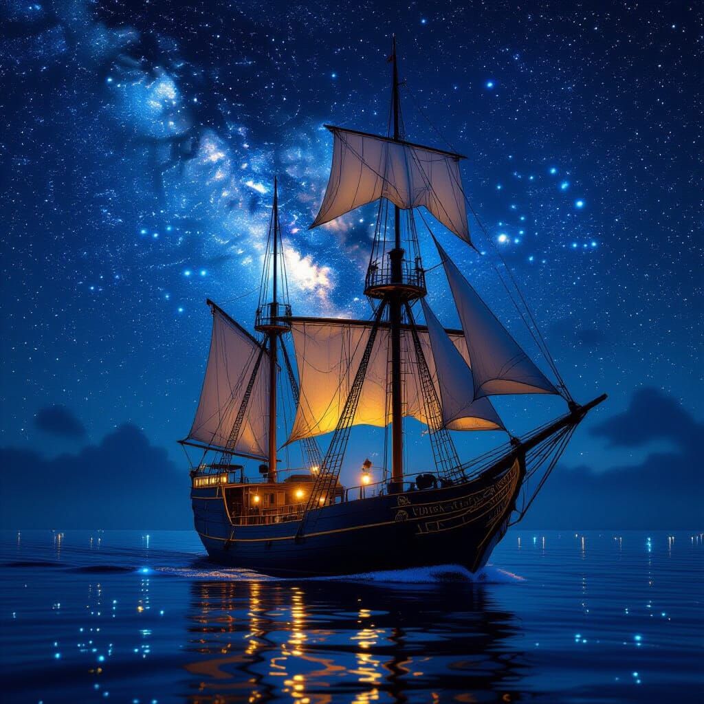Sailing Ship Navigating Calm Waters Under Milky Way