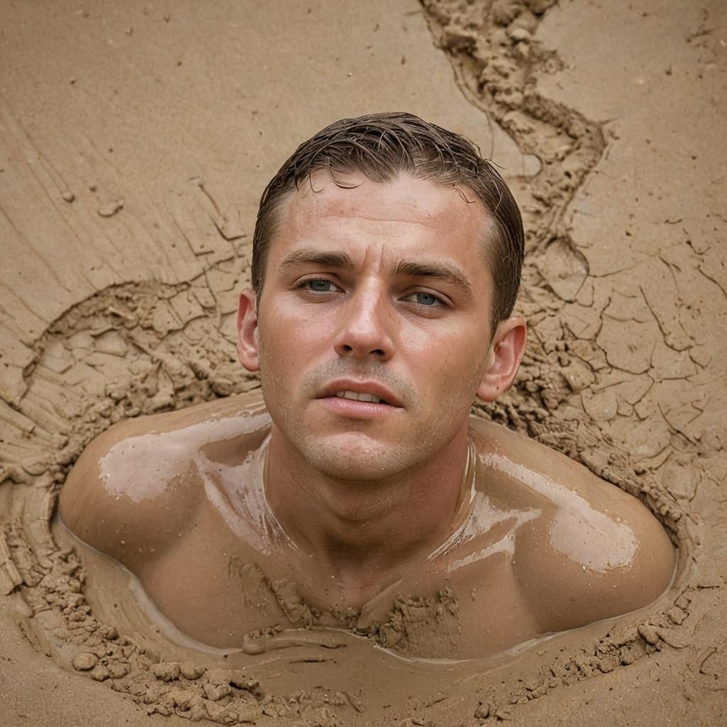 Male Police Officer Sinking in Quicksand: Portrait