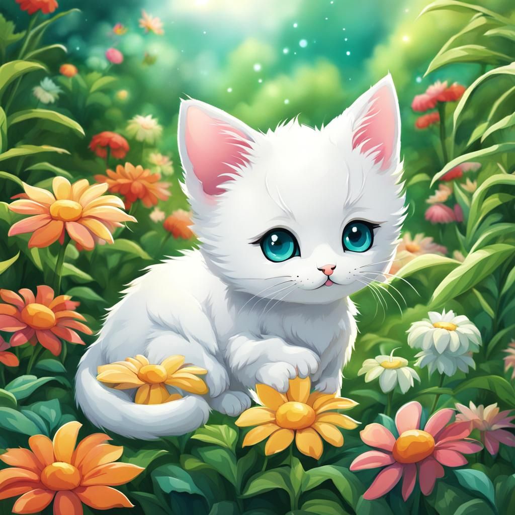 Kawaii Chibi Kitten in Colorful Anime Garden