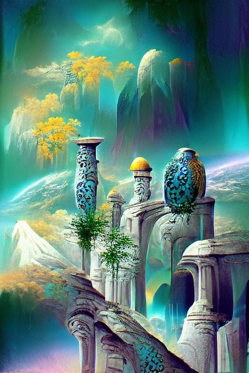 Astral Ruins: Overgrown Architecture with Cosmic Eagles