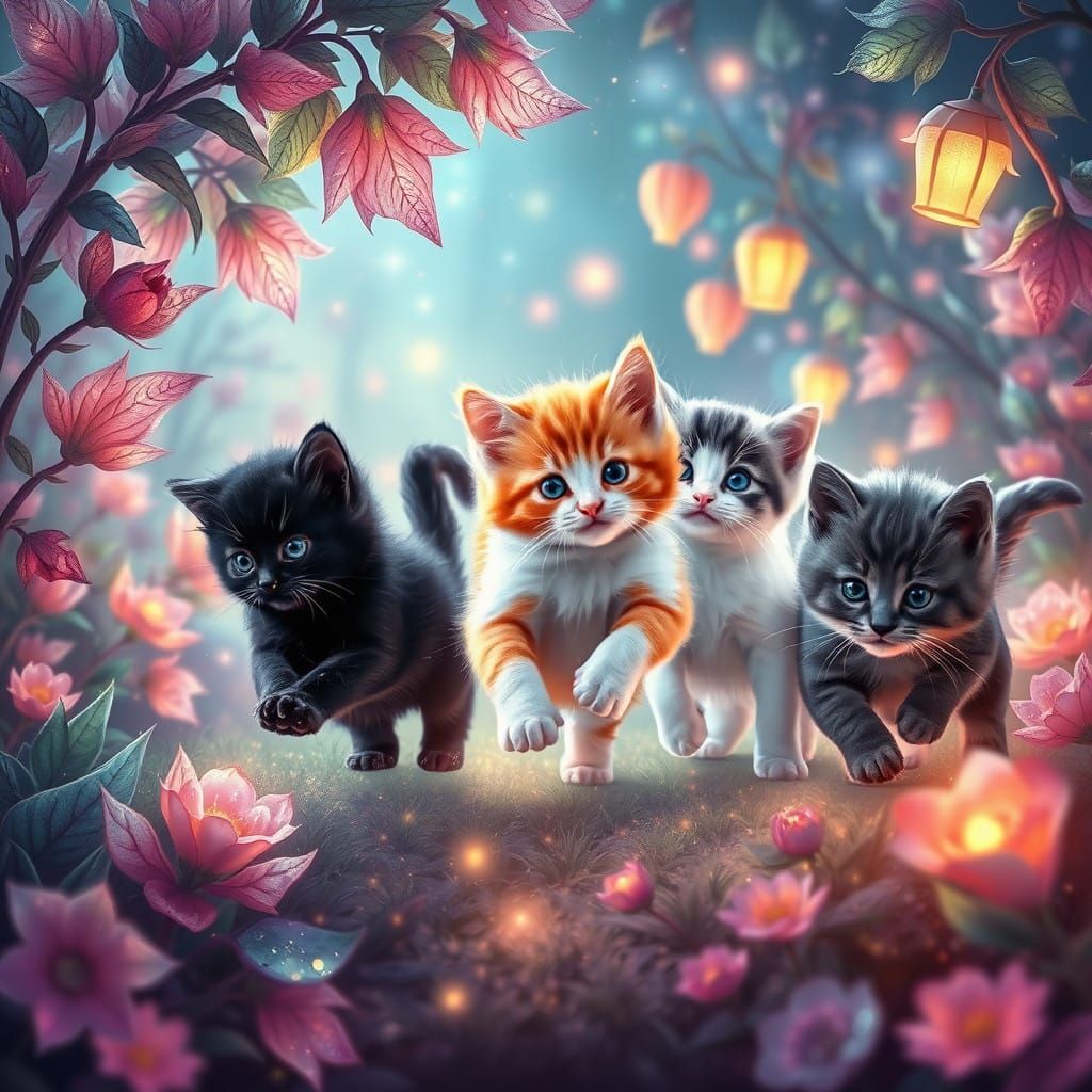 Dreamlike Whimsy: Adorable Kittens in Iridescent Garden