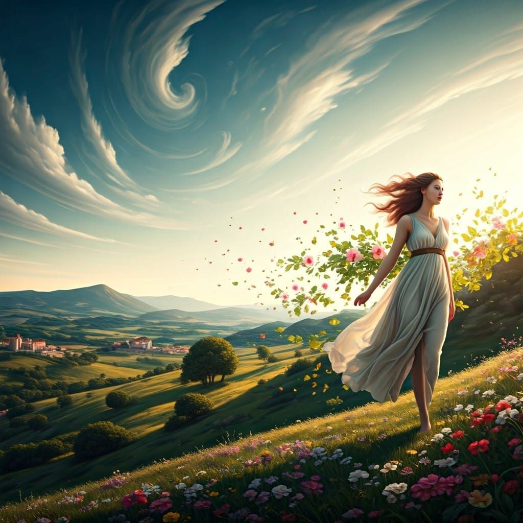 Renaissance Woman Walking on Windy Day