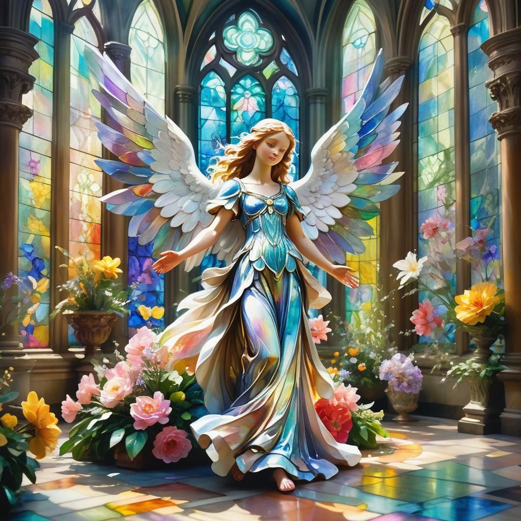 Magical Angel in Ornate Hall, Gouache Watercolor