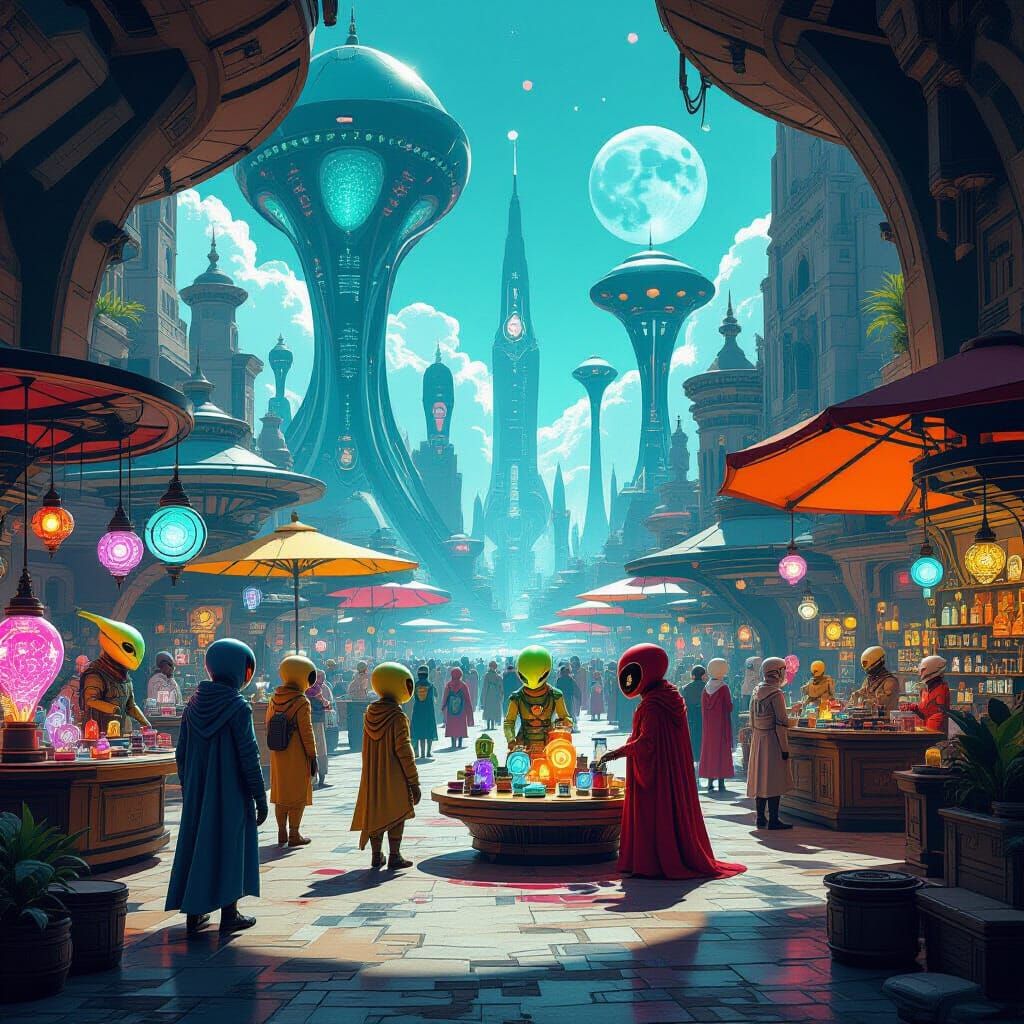 Mid-Century Alien Marketplace with Whimsical Creatures