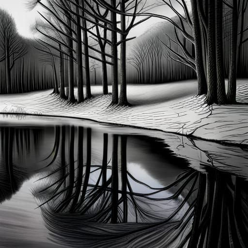 Hyperdetailed Charcoal Drawing of Winter Trees