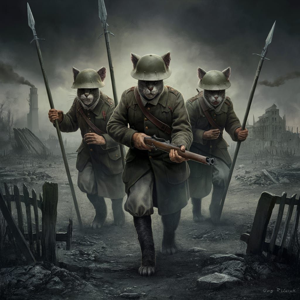 Surreal Feline Warriors in Bleak WWI Landscape