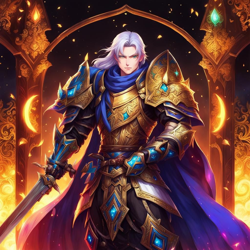 Anime Fantasy Paladin in Colorful Moonlight Scene