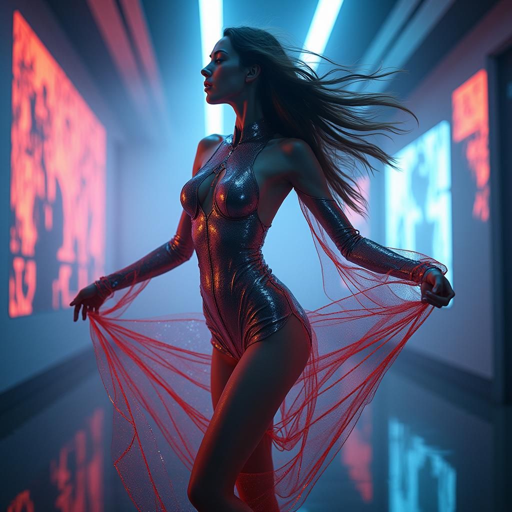 Futuristic Woman's Cyberpunk Dance in Neon Cityscape