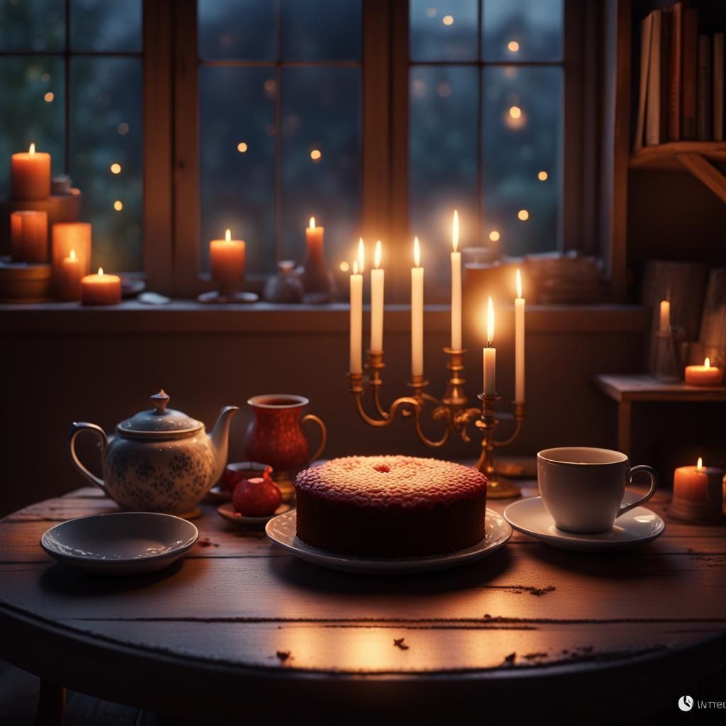 Hygge Scene with Tea and Cake by Candlelight