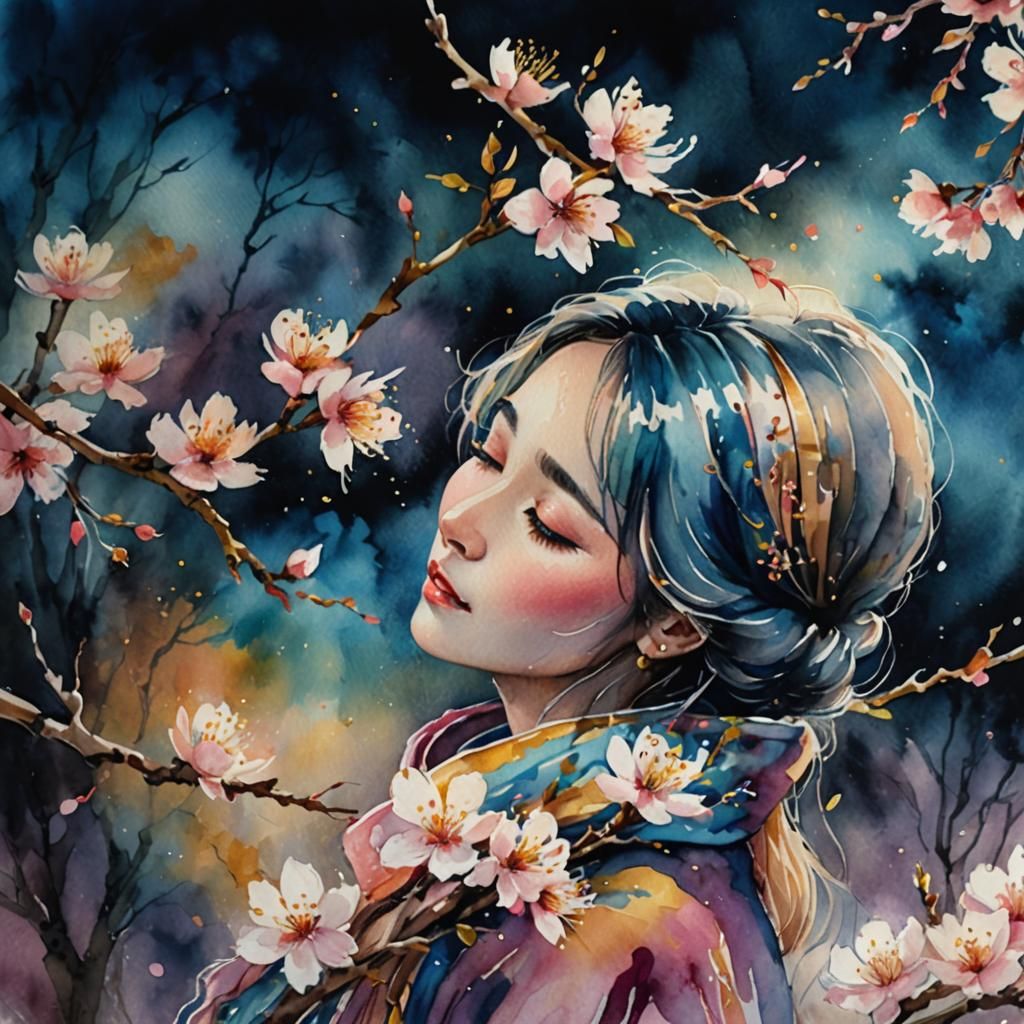Dreamscape Watercolor: Couple Amidst Cherry Blossoms