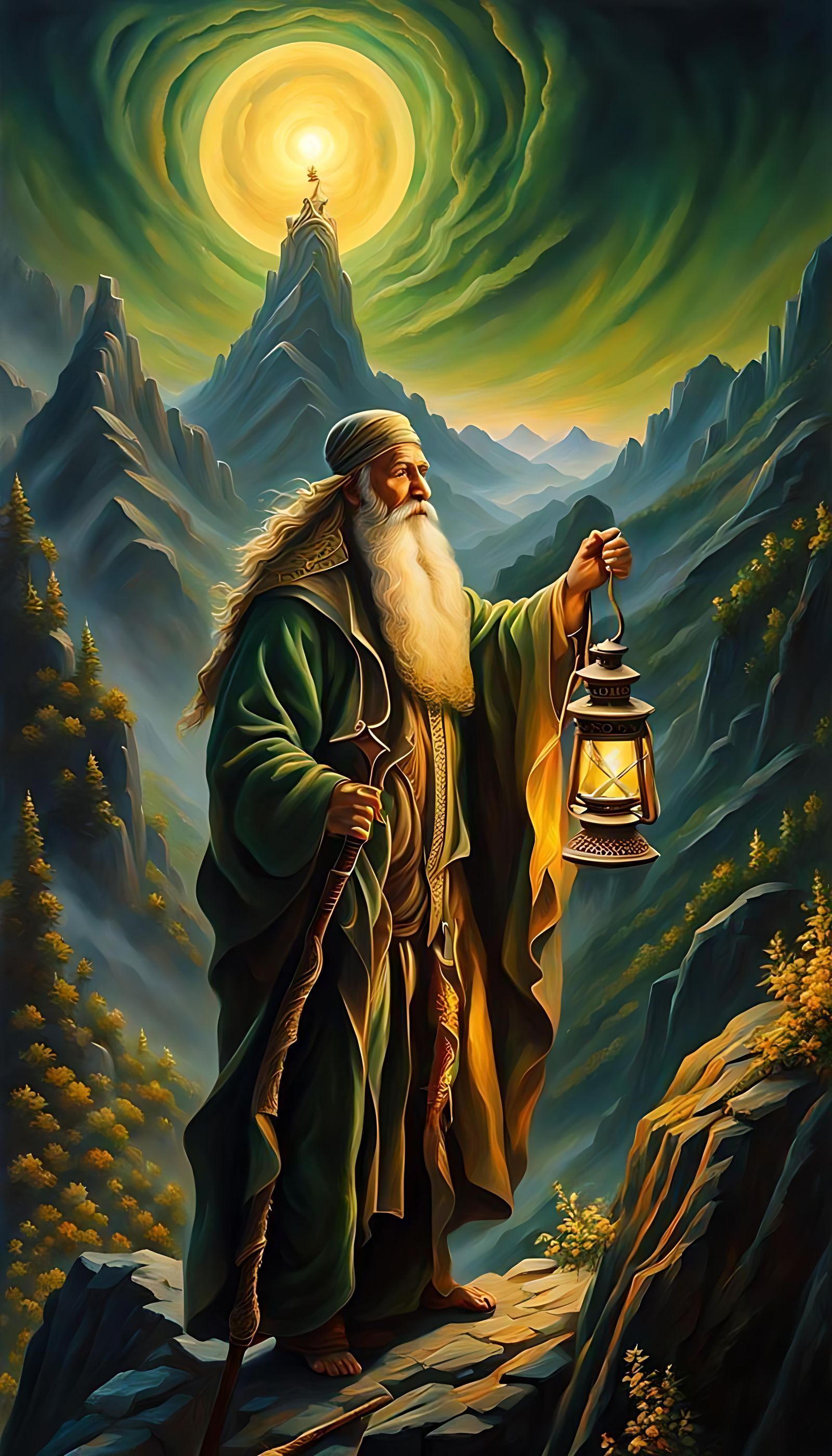The Hermit with Lantern on Mountain Peak