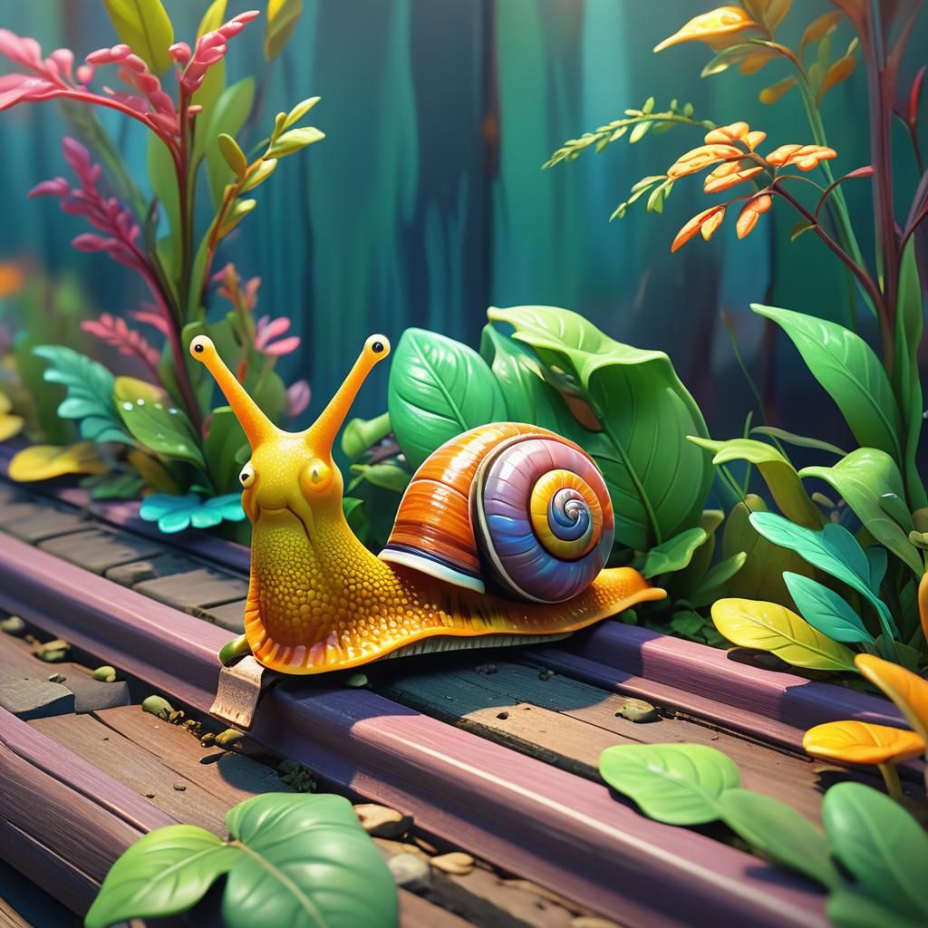 Snail on a Rail in Whimsical 3D Cartoon Style