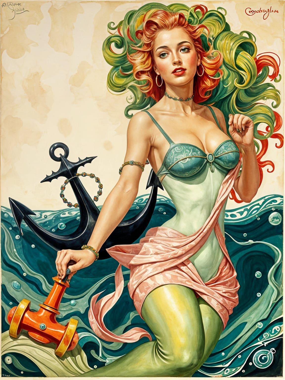 Surrealist Mermaid Goddess in Abstract Oil Painting