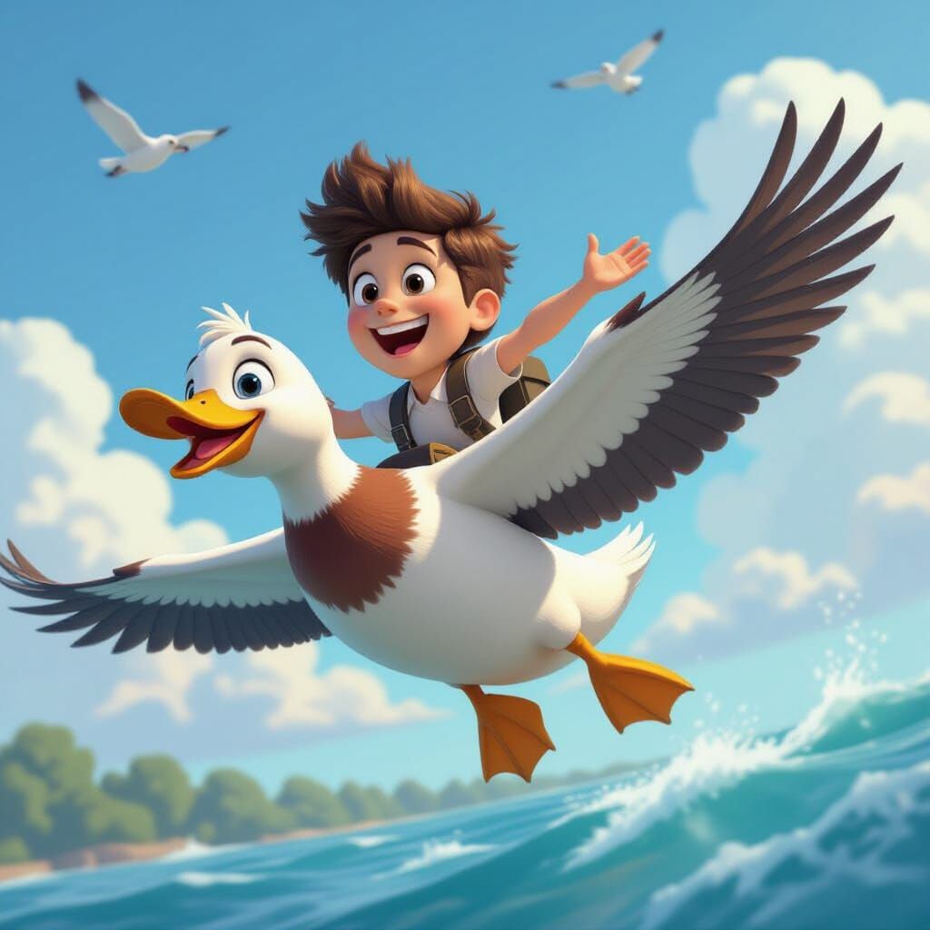 Nils Holgersson on Duck in Pixar Animation Style