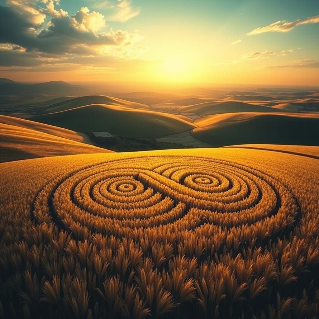 Dreamlike Infinity Landscape with Swirling Crop Circles
