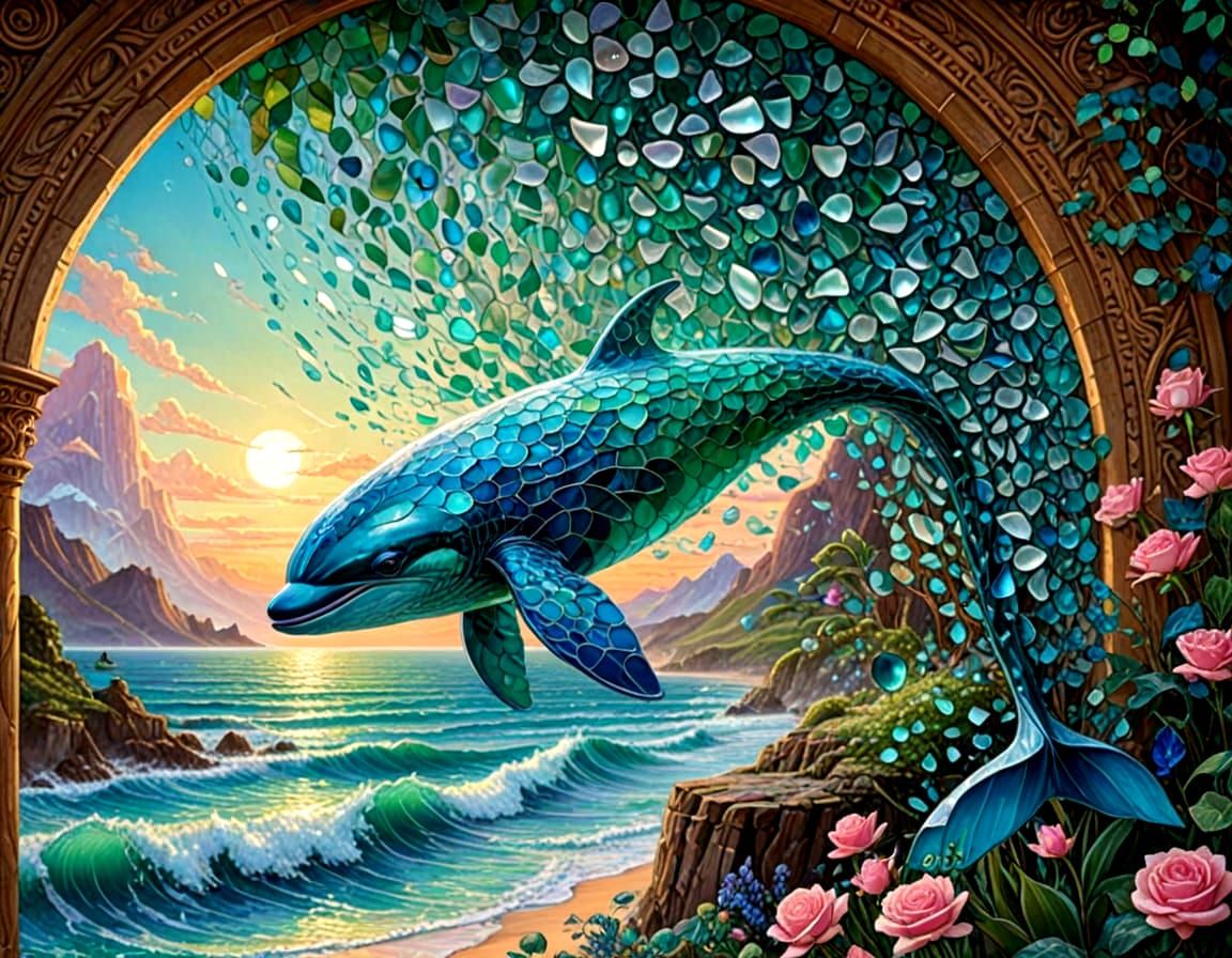 Sea-Glass Whale Leaping Off Hawaiian Coastline