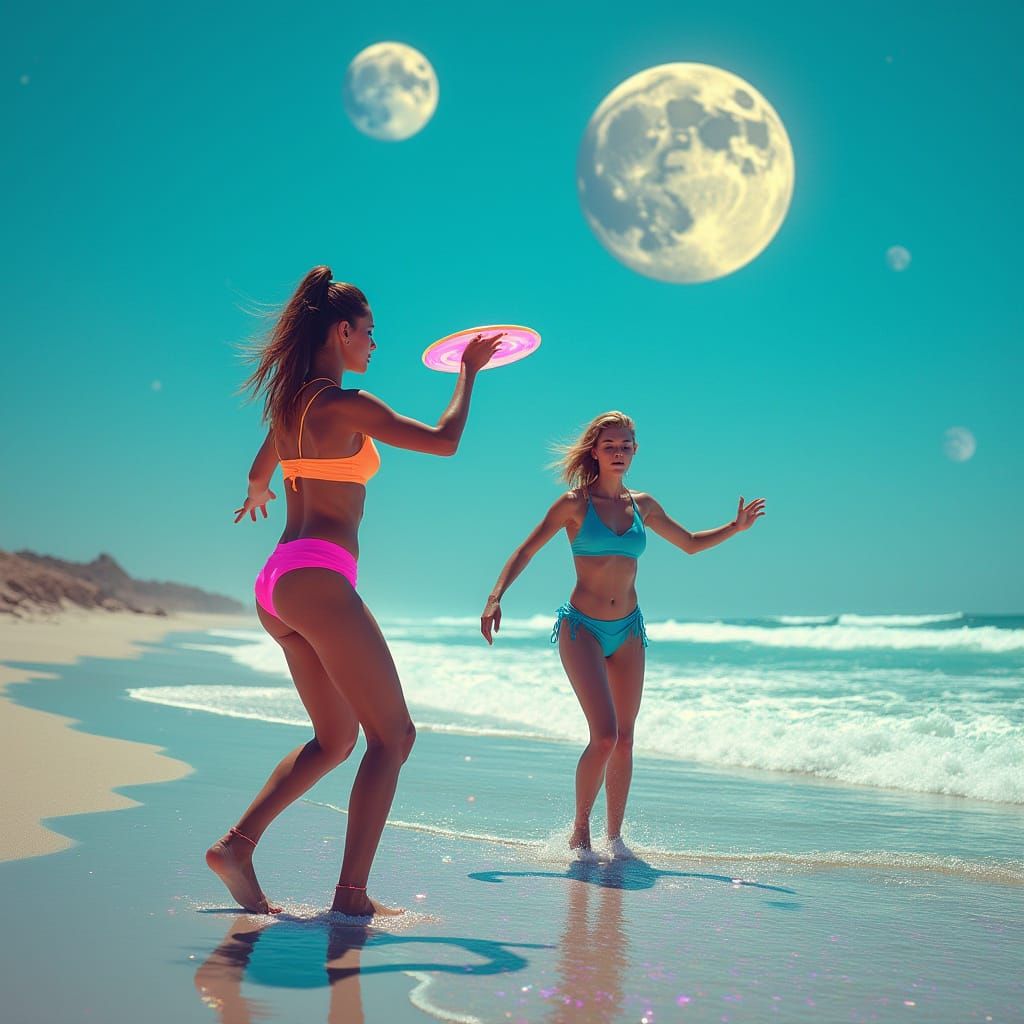 Surreal Beach Scene with Alien Landscape and Two Women Playi...