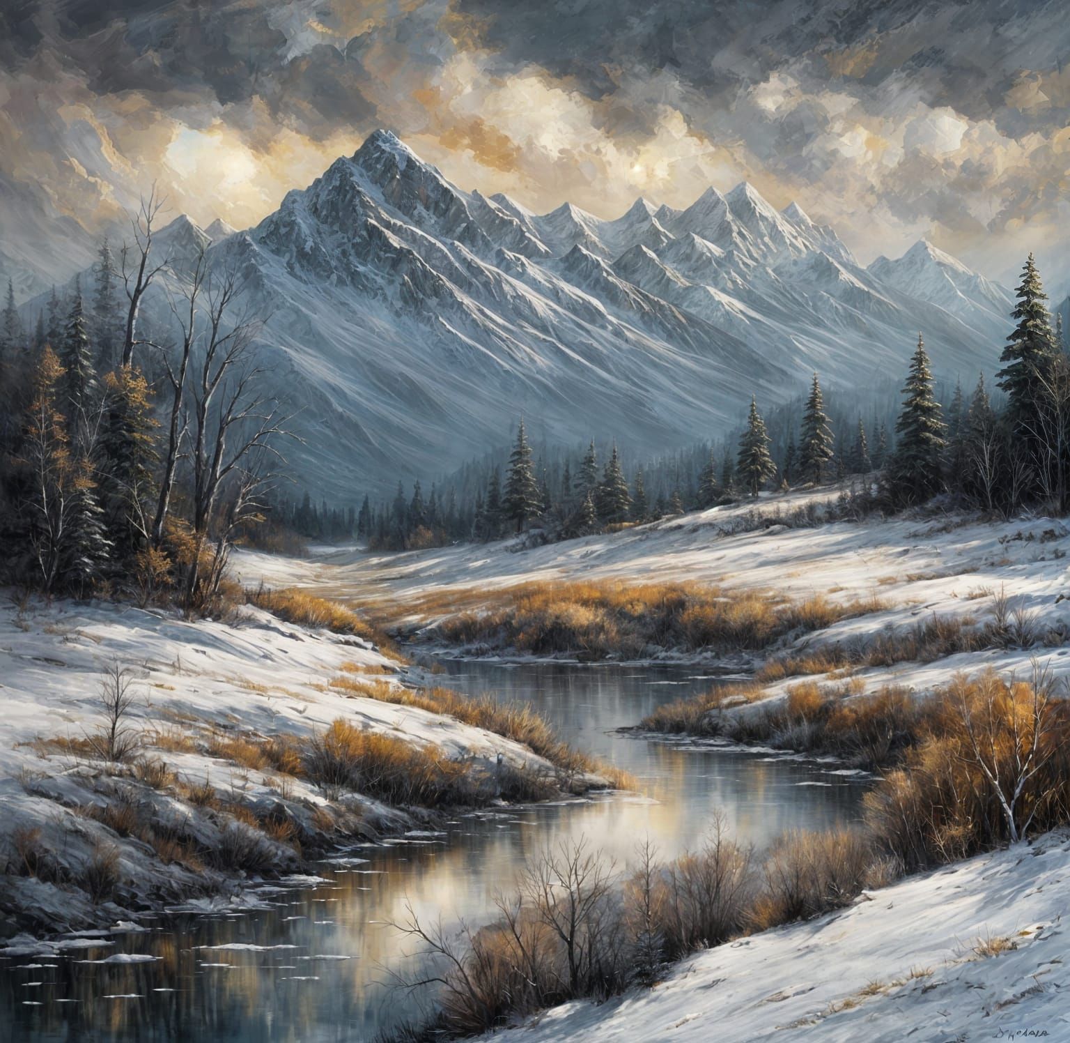 Misty Mountain Vista in Textured Impasto Style