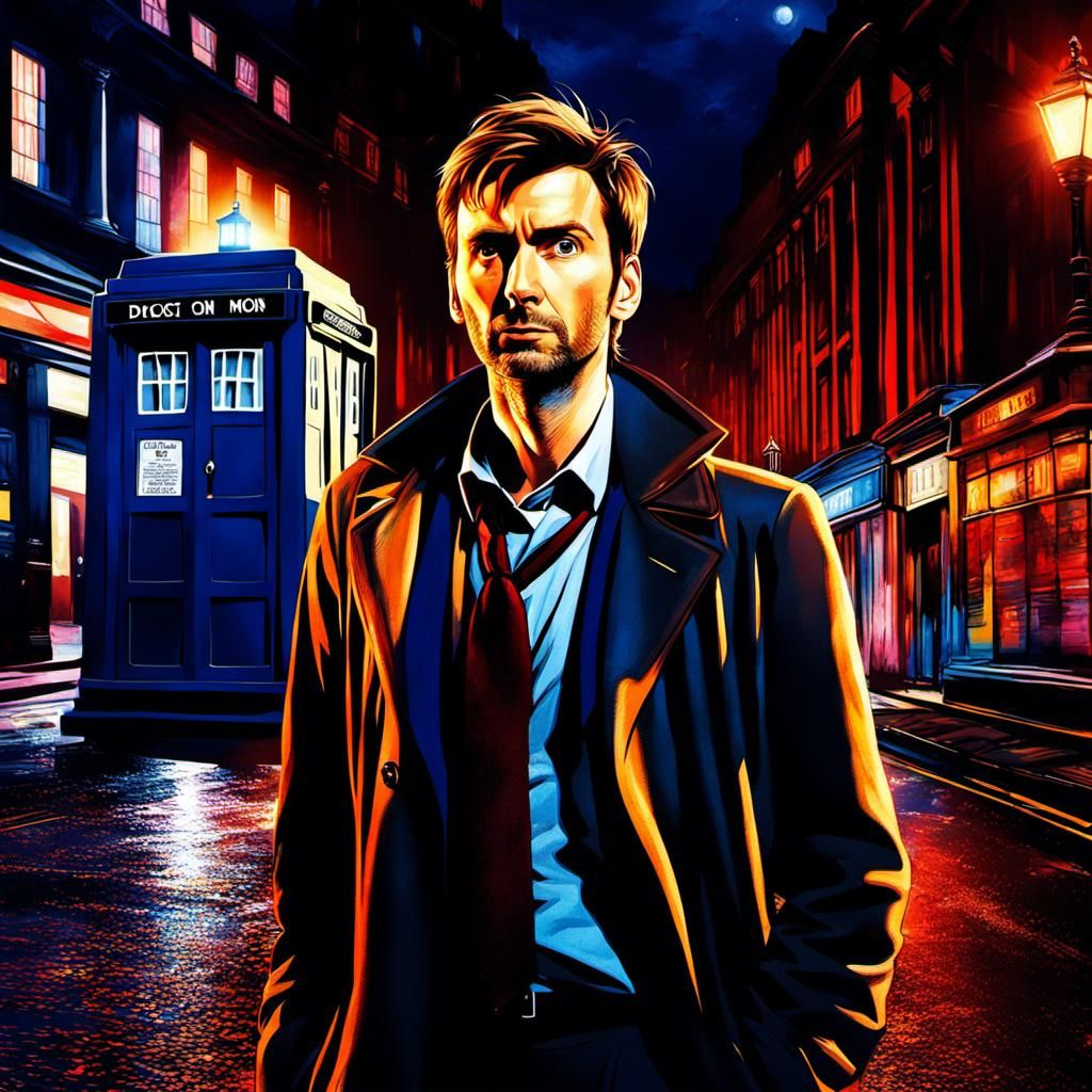 David Tennant as Doctor Who and Tardis behind him on the Streets of London
