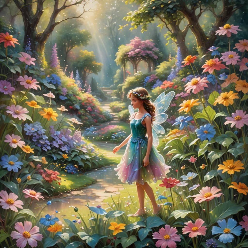 Fairy in Sunlit Garden: Oil Painting in Dreamy Style