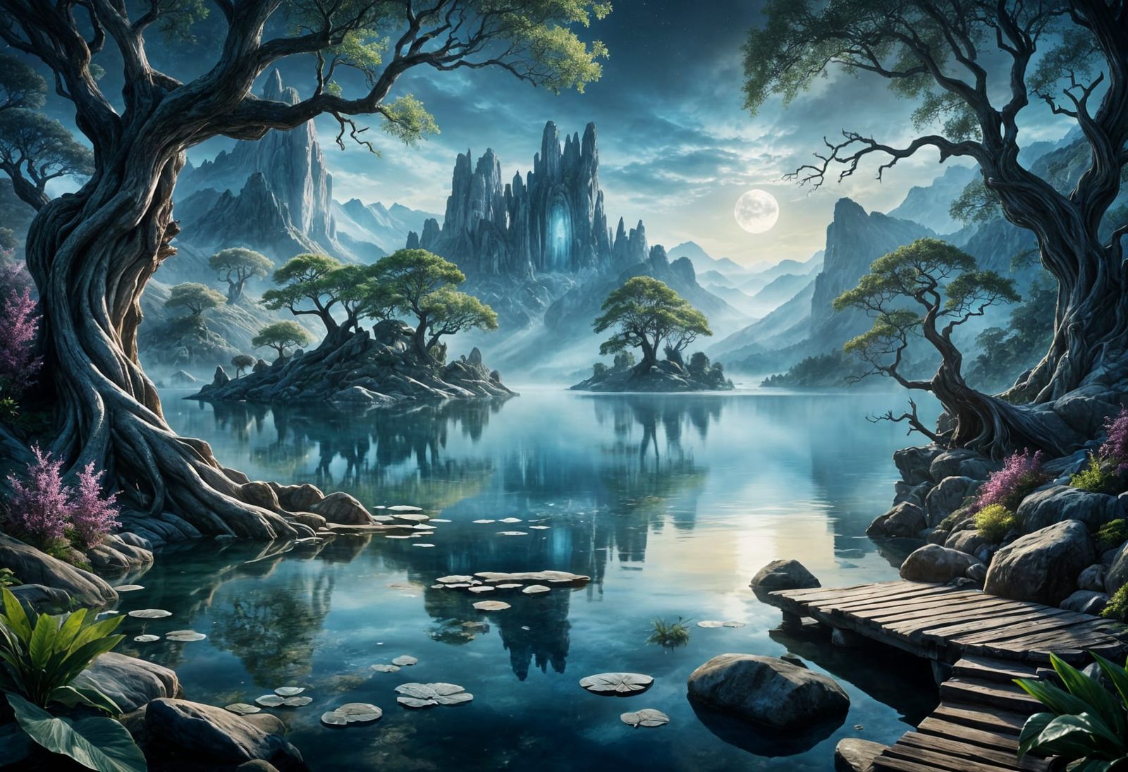 Mystical Portal View of Enchanted Moonlit Landscape