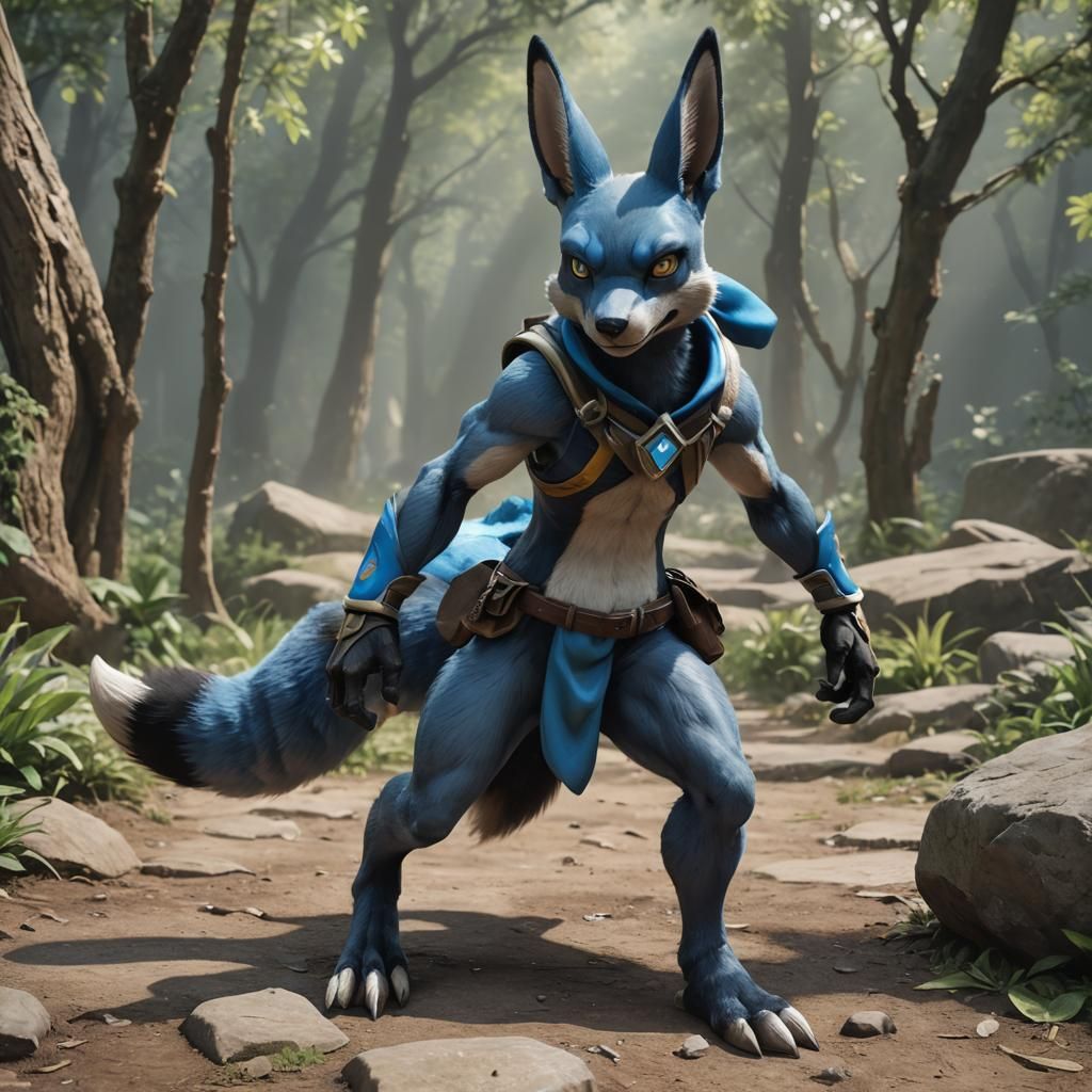 Realistic Lucario in Detailed 3D Anime Art