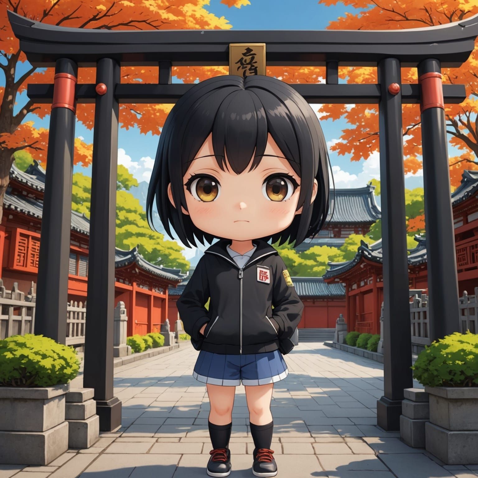 Anime Chibi Girl at Tori Gate in Manga Style