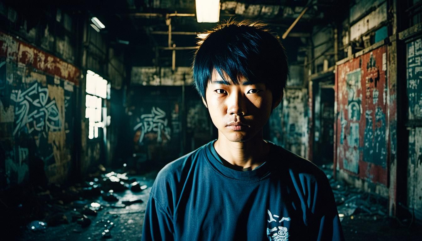 Sentai heroes boy in a dark abandoned warehouse