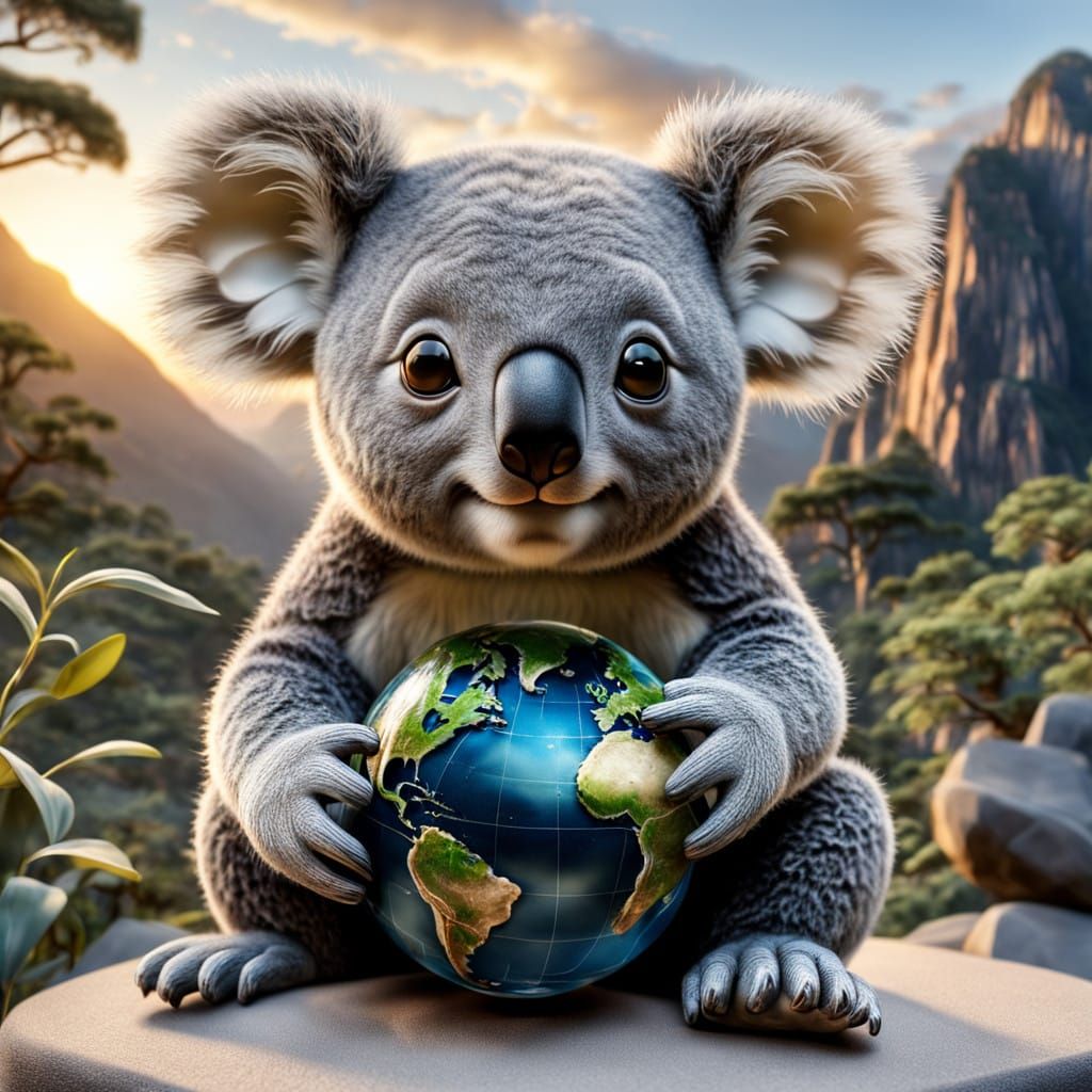 Whimsical Koala in Serene Mountain Garden