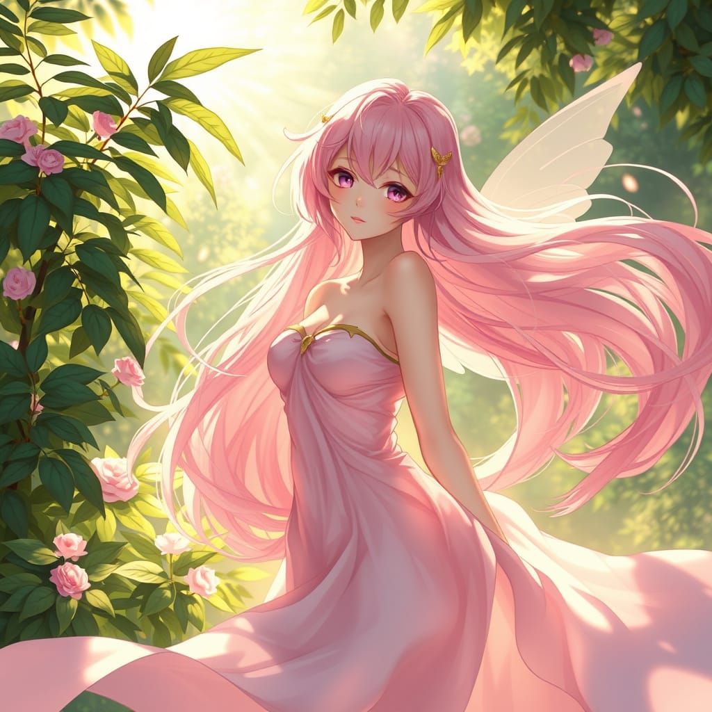 Anime Nymph with Pink Hair in Ethereal Lighting