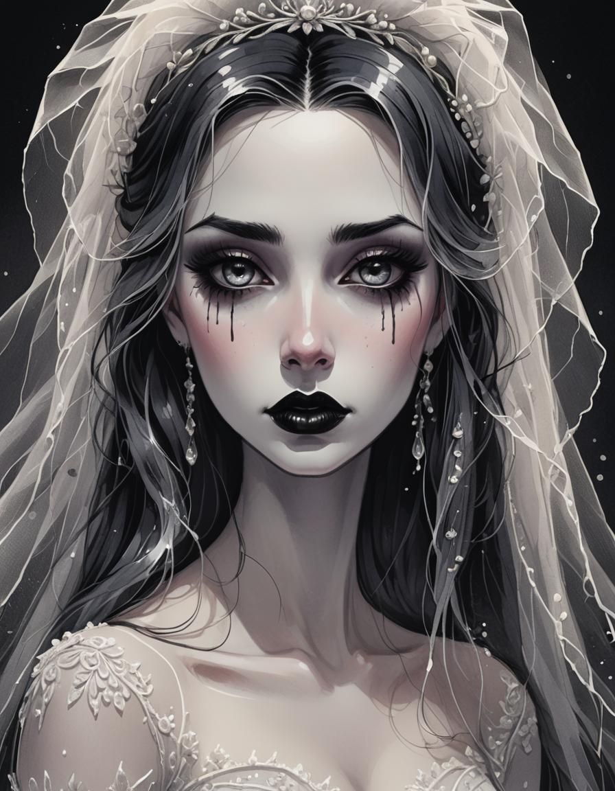 Weeping Goth Bride Illustration in Cel-Shaded Style