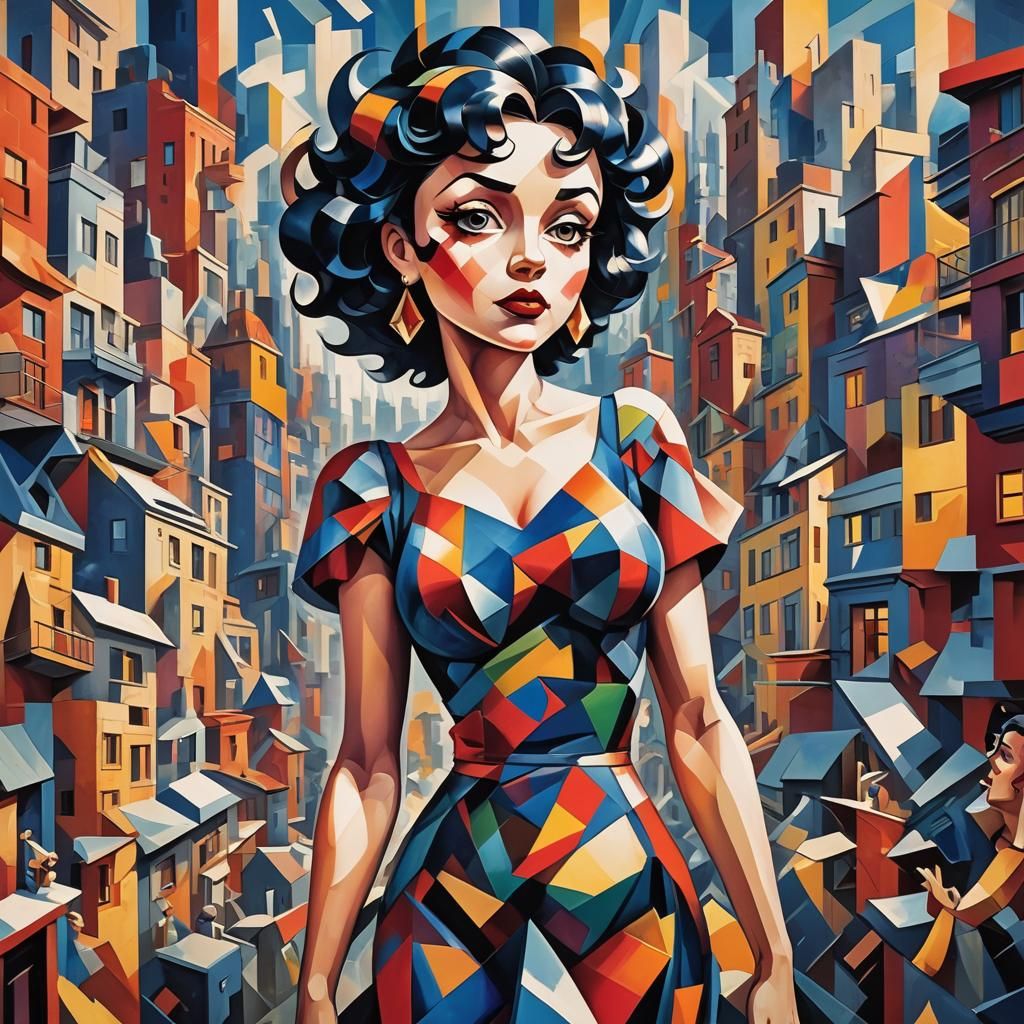 Betty Boop in Cubist Cityscape Portrait