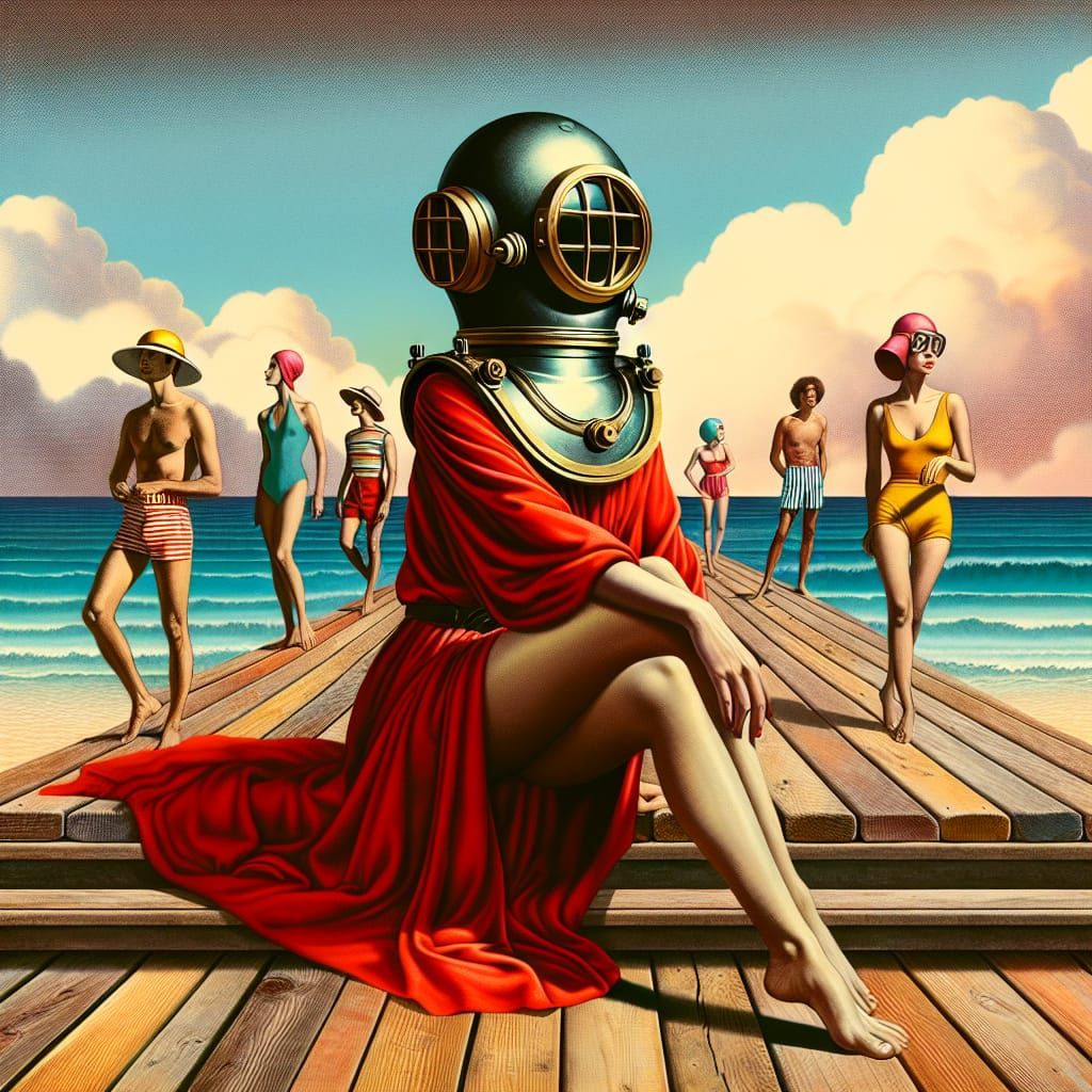 Surreal Beach Scene with Diver in 1970s Style