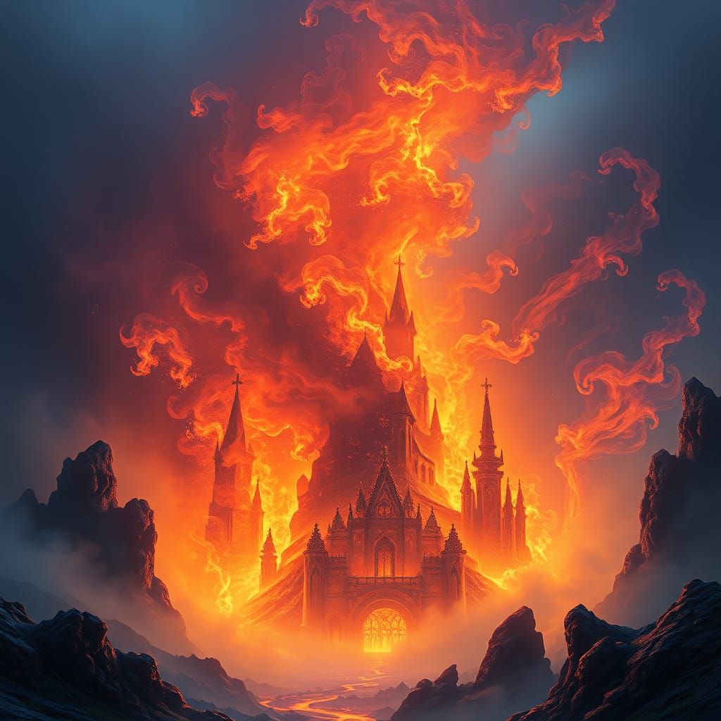 Inferno Engulfs Mystical Realm in Dreamlike Flames