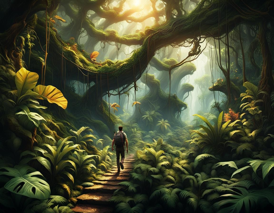 Adventurer Runs Through Jungle: Cinematic Digital Art