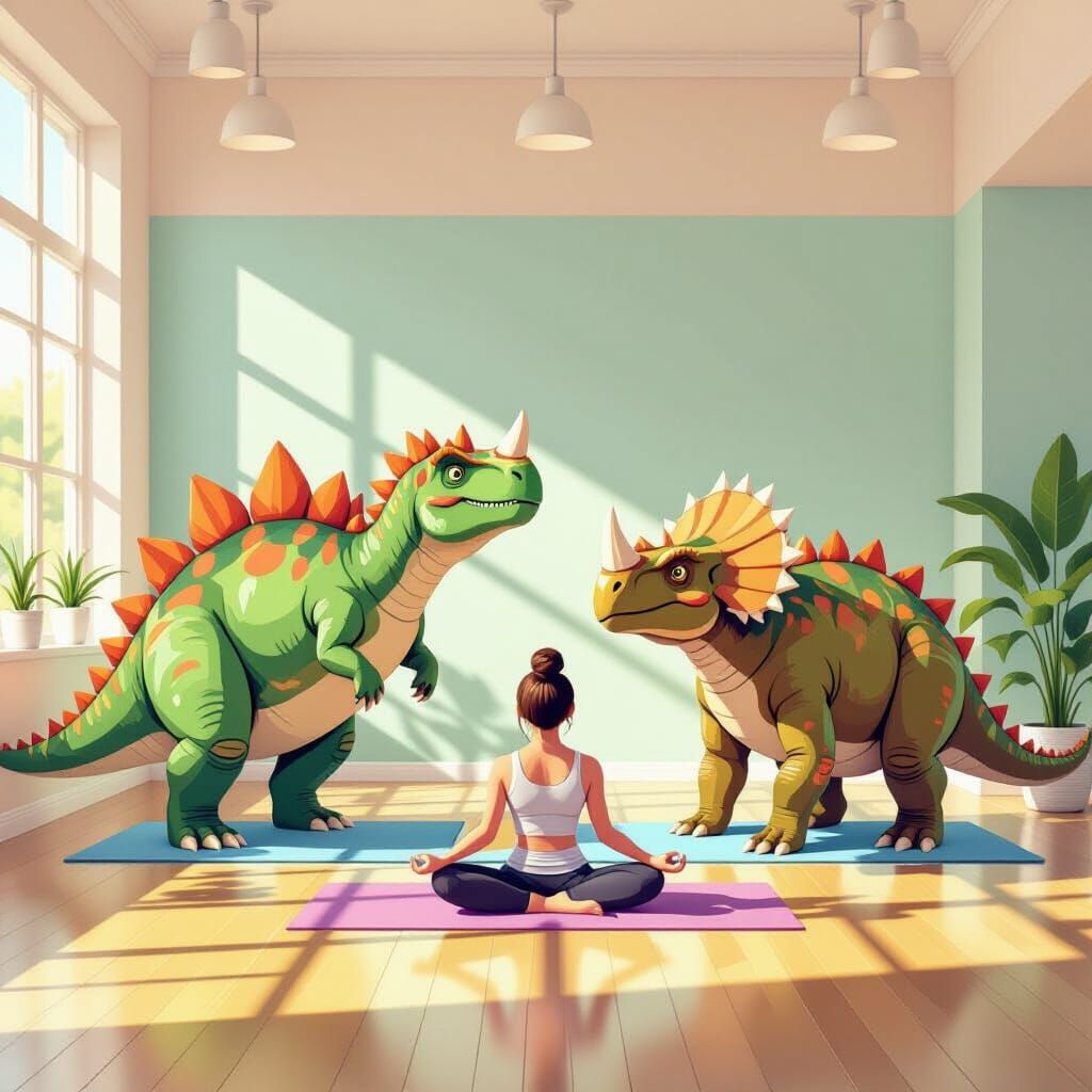 Dinosaurs Practice Yoga in Bright Modern Studio