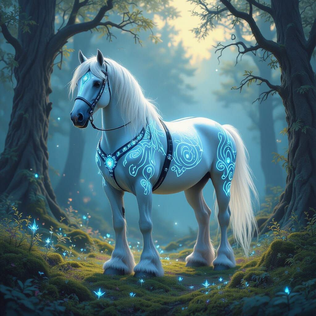 Majestic Bioluminescent Horse in Enchanted Forest