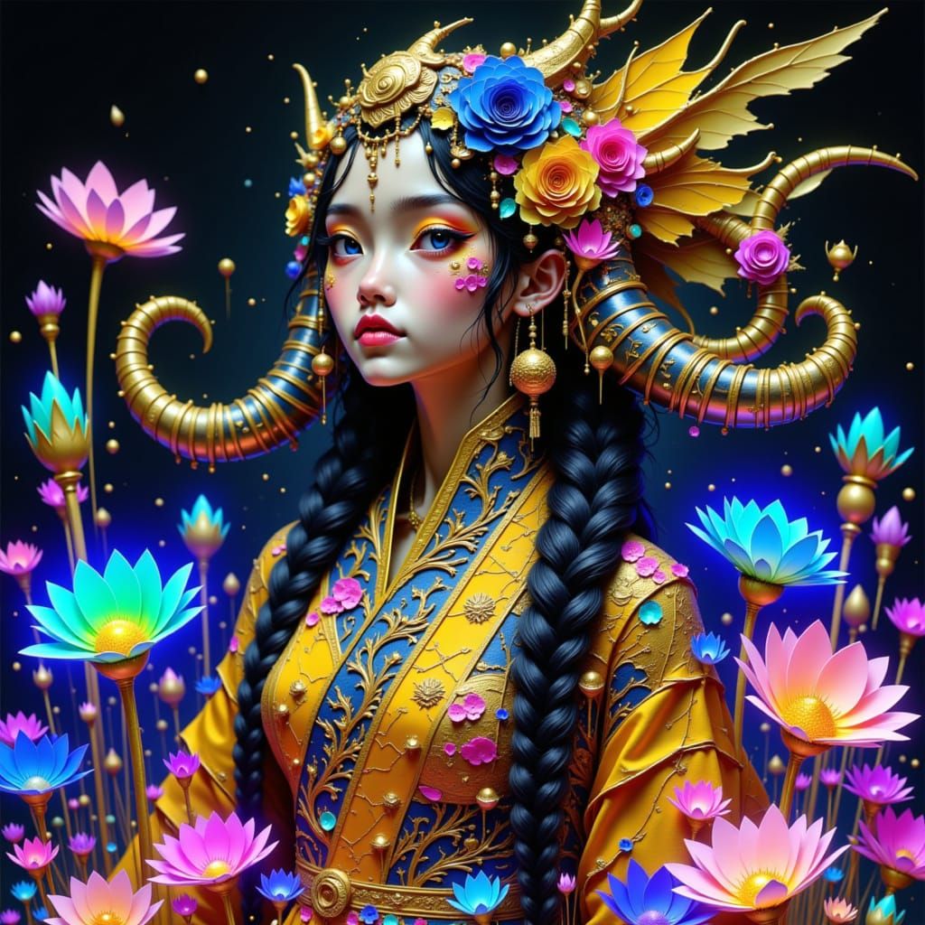Fantasy Creature in Ornate Robes With Bioluminescent Flowers
